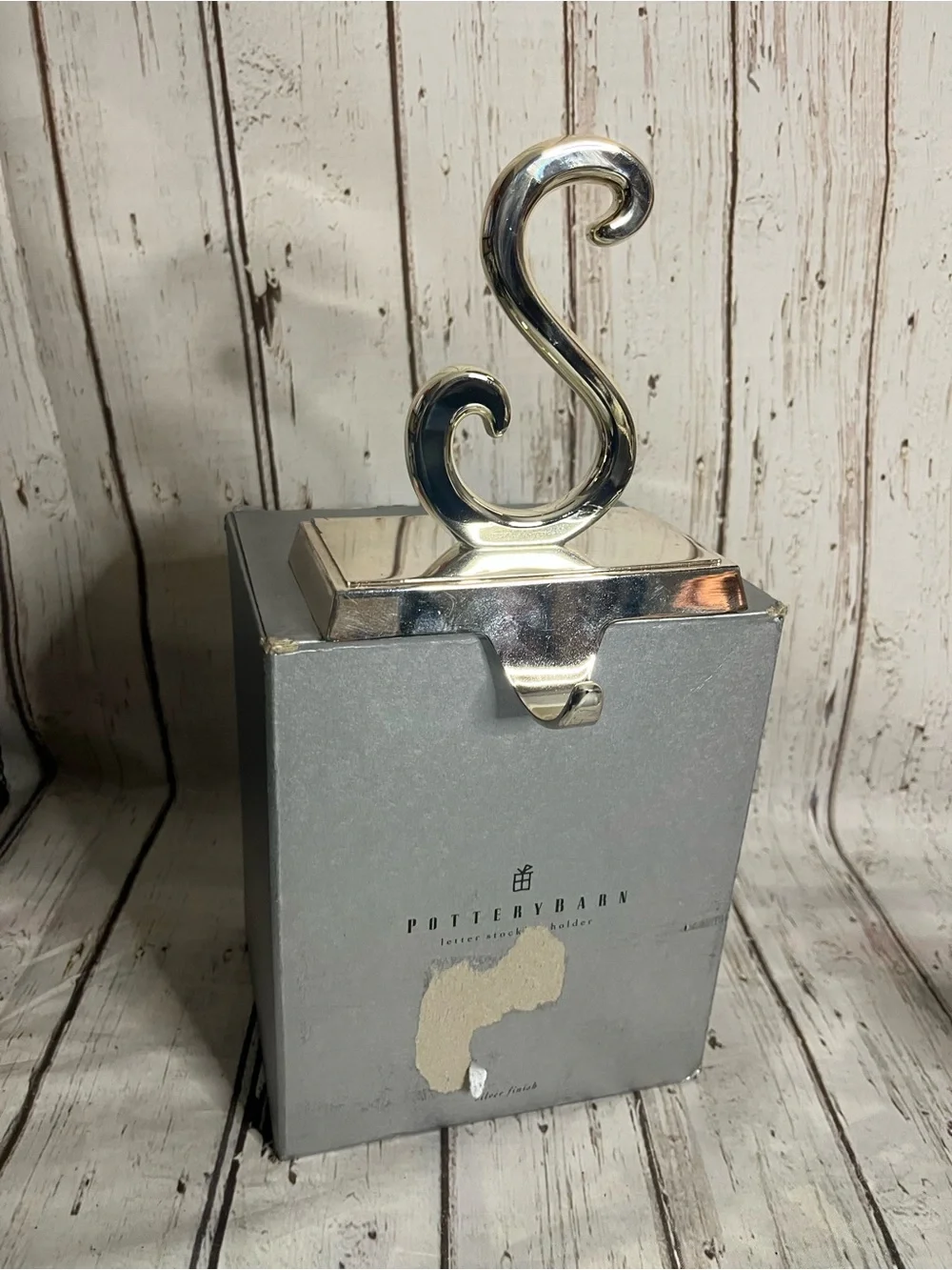Pottery Barn Silver Tone Metal Letter S Stocking Holder Christmas Box